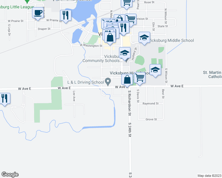 map of restaurants, bars, coffee shops, grocery stores, and more near 105 West Highway Street in Vicksburg