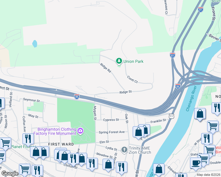 map of restaurants, bars, coffee shops, grocery stores, and more near 21 Ridge St in Binghamton