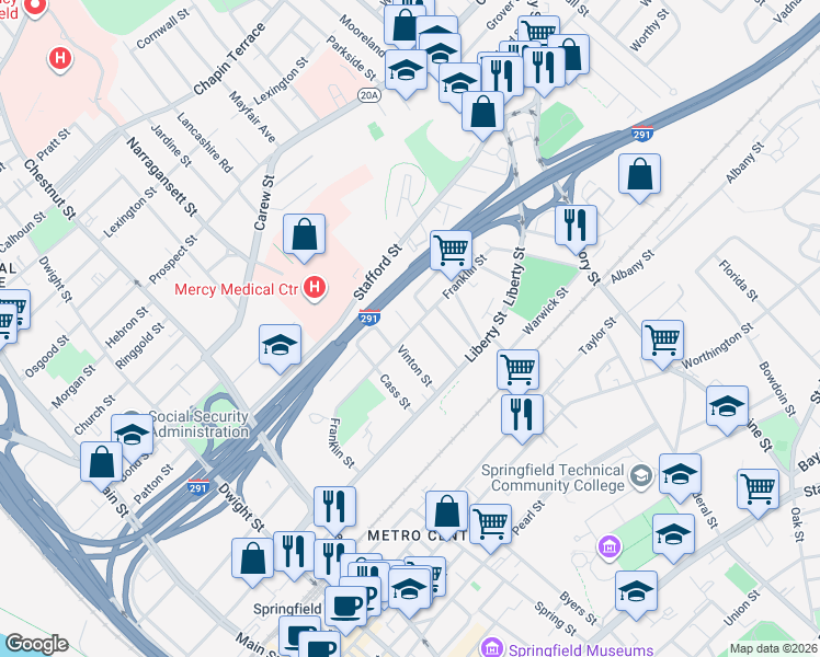 map of restaurants, bars, coffee shops, grocery stores, and more near 13 Underwood Street in Springfield