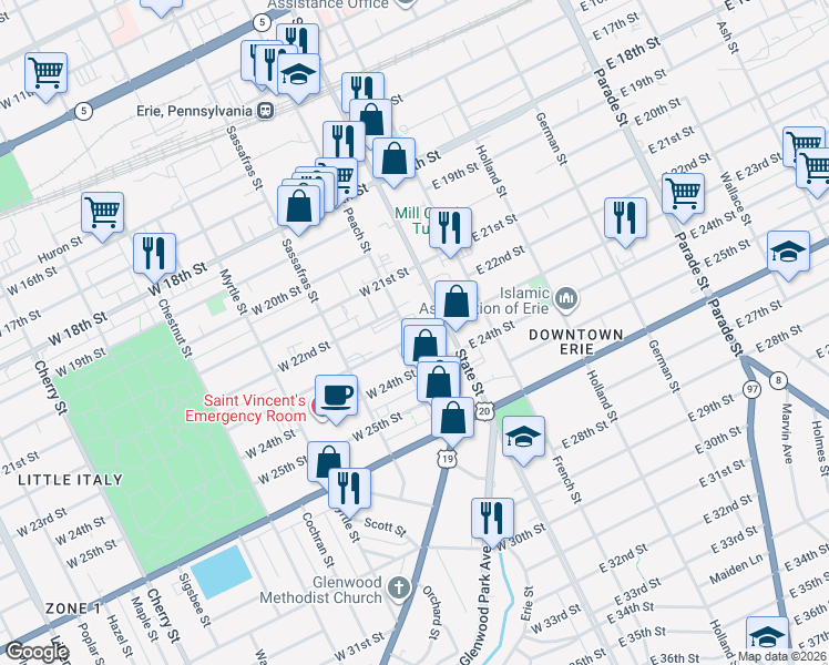 map of restaurants, bars, coffee shops, grocery stores, and more near 2303 Peach Street in Erie