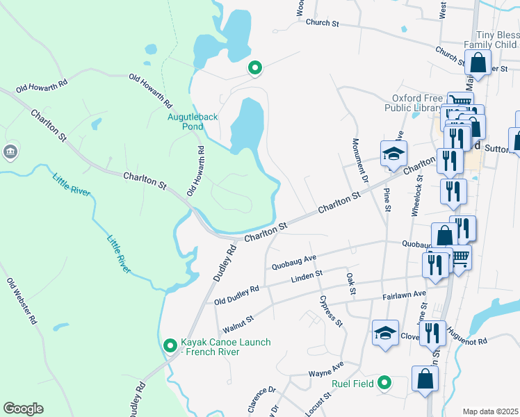 map of restaurants, bars, coffee shops, grocery stores, and more near 21 Pine Ridge Drive in Oxford