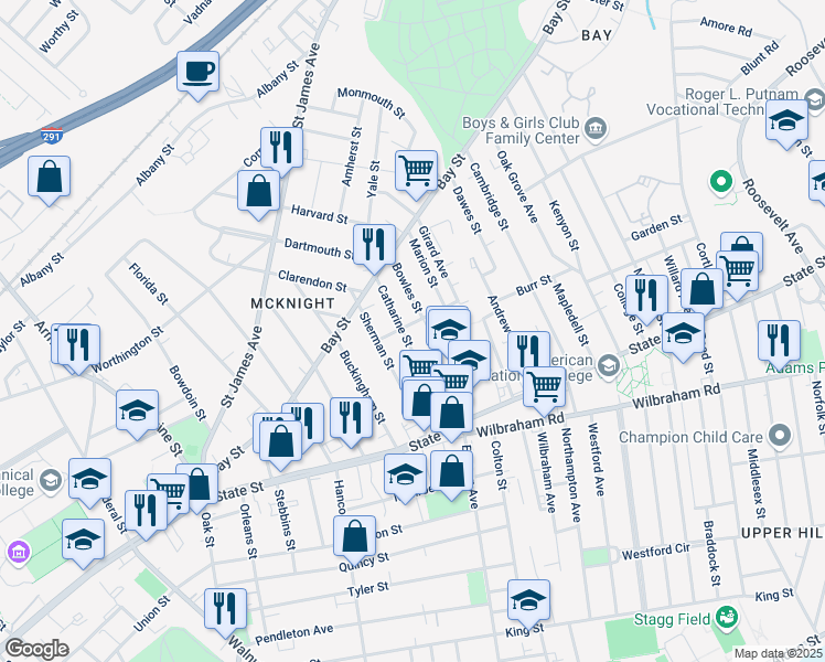 map of restaurants, bars, coffee shops, grocery stores, and more near 94 Bowles Street in Springfield