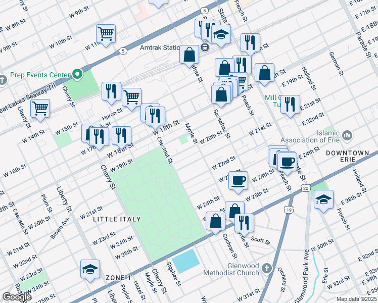map of restaurants, bars, coffee shops, grocery stores, and more near 321 West 20th Street in Erie