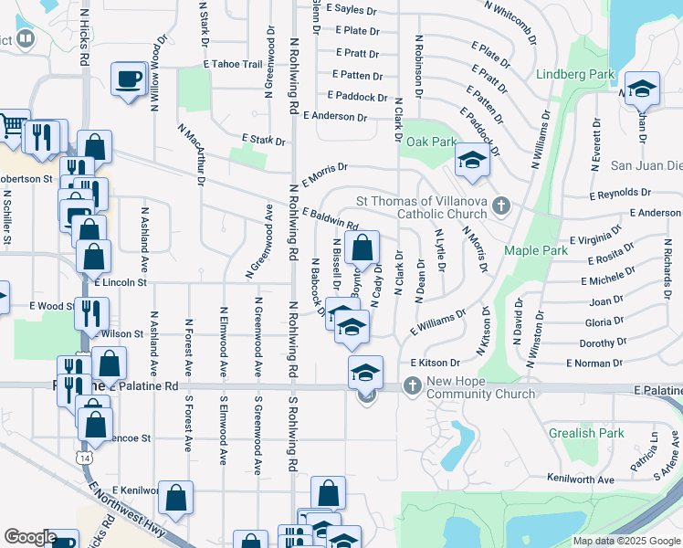 map of restaurants, bars, coffee shops, grocery stores, and more near 208 North Boynton Drive in Palatine