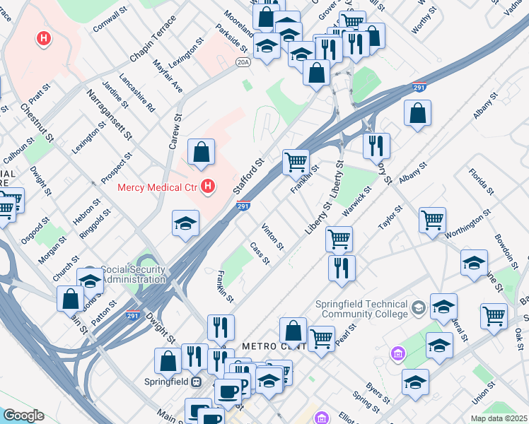 map of restaurants, bars, coffee shops, grocery stores, and more near 334 Franklin Street in Springfield