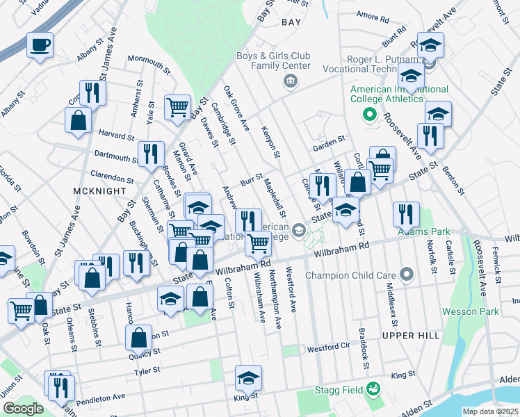 map of restaurants, bars, coffee shops, grocery stores, and more near 50 Montrose Street in Springfield