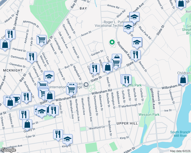 map of restaurants, bars, coffee shops, grocery stores, and more near 1030 State Street in Springfield