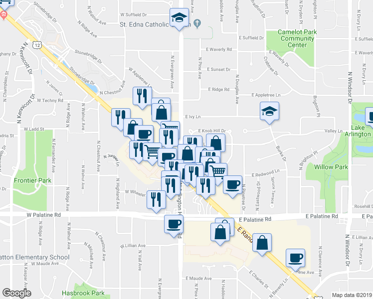 map of restaurants, bars, coffee shops, grocery stores, and more near 304 East Rand Road in Arlington Heights