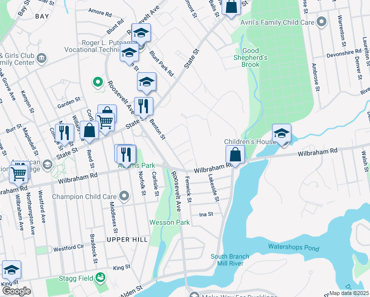 map of restaurants, bars, coffee shops, grocery stores, and more near 28 Providence Street in Springfield