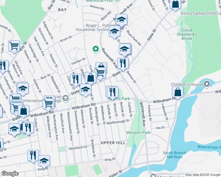 map of restaurants, bars, coffee shops, grocery stores, and more near 48 Dearborn Street in Springfield