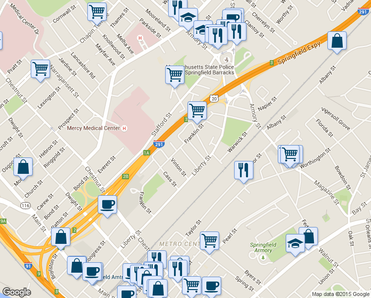 map of restaurants, bars, coffee shops, grocery stores, and more near 38-40 Webster Street in Springfield