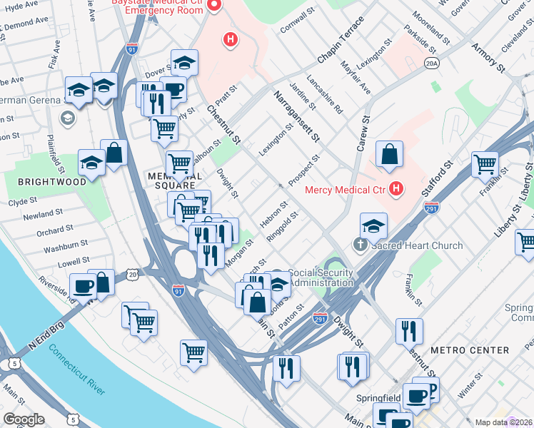 map of restaurants, bars, coffee shops, grocery stores, and more near 33 Hebron Street in Springfield