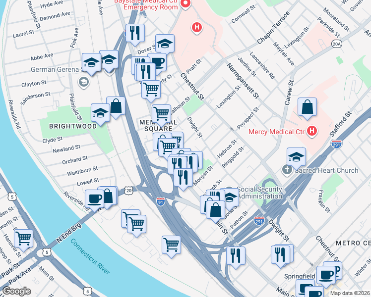 map of restaurants, bars, coffee shops, grocery stores, and more near 21 1/2 Bancroft Street in Springfield