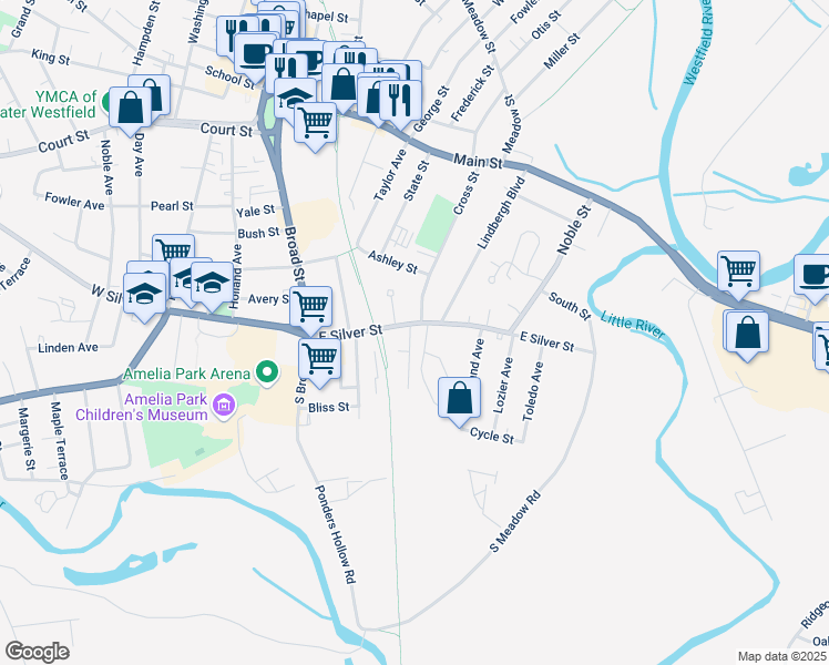 map of restaurants, bars, coffee shops, grocery stores, and more near 27 East Silver Street in Westfield