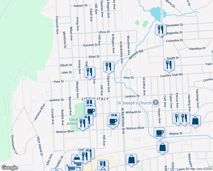 map of restaurants, bars, coffee shops, grocery stores, and more near 318 Squires Avenue in Endicott