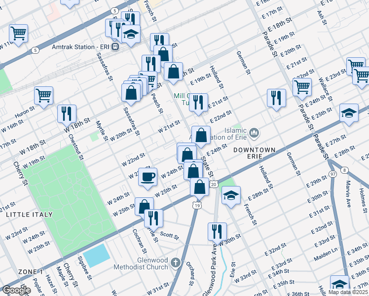 map of restaurants, bars, coffee shops, grocery stores, and more near 2303 Peach Street in Erie
