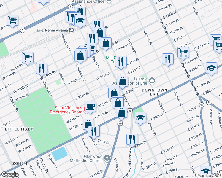map of restaurants, bars, coffee shops, grocery stores, and more near 2303 Peach Street in Erie