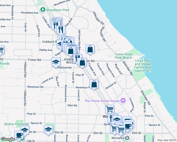 map of restaurants, bars, coffee shops, grocery stores, and more near 832 Foxdale Avenue in Winnetka