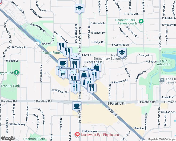 map of restaurants, bars, coffee shops, grocery stores, and more near 304 East Rand Road in Arlington Heights