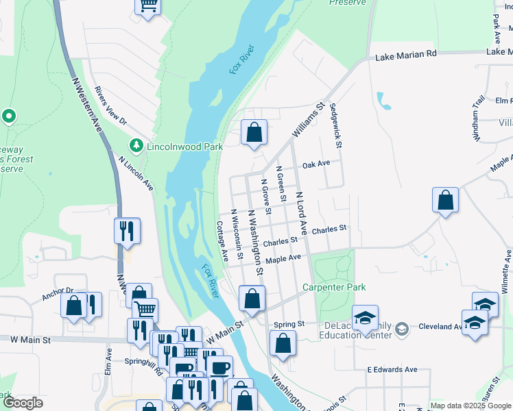 map of restaurants, bars, coffee shops, grocery stores, and more near 227 North Washington Street in Carpentersville