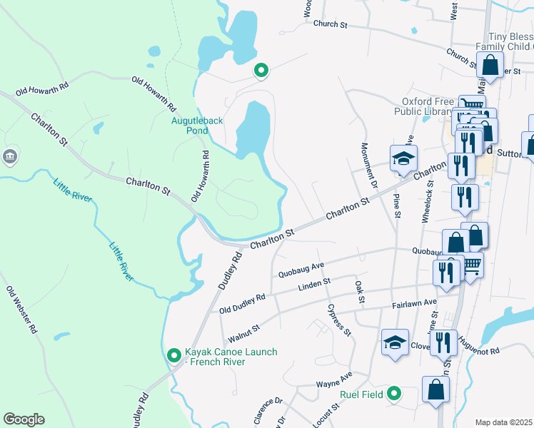 map of restaurants, bars, coffee shops, grocery stores, and more near 21 Pine Ridge Drive in Oxford