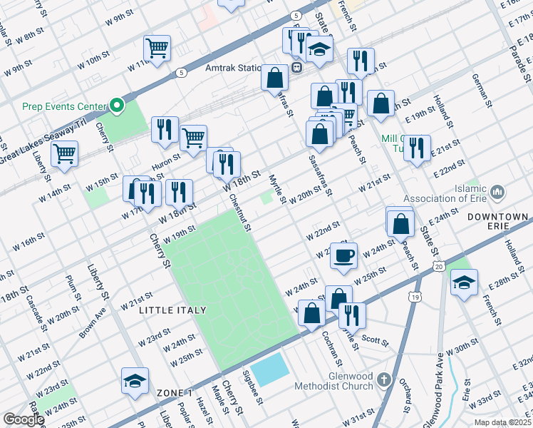 map of restaurants, bars, coffee shops, grocery stores, and more near 321 West 20th Street in Erie