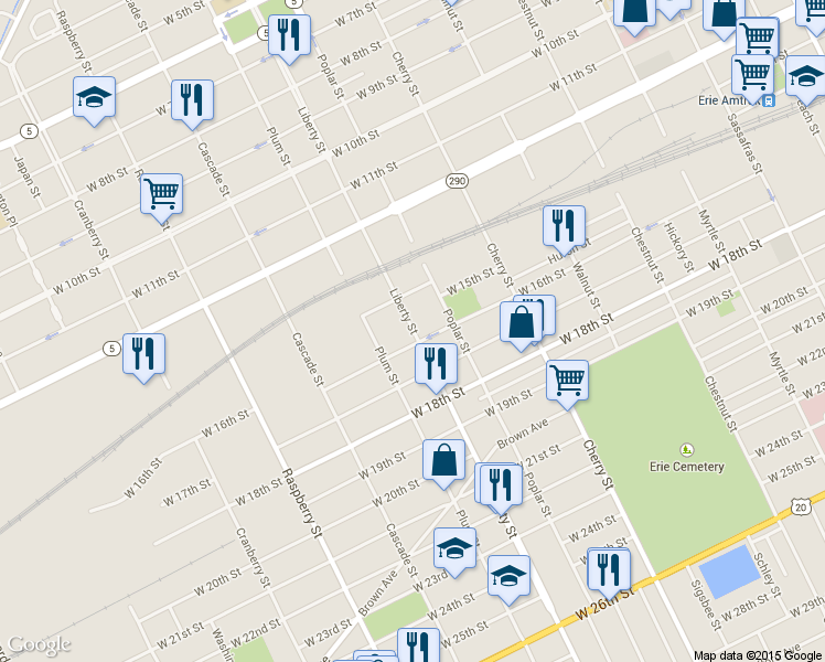 map of restaurants, bars, coffee shops, grocery stores, and more near 1522 Liberty Street in Erie