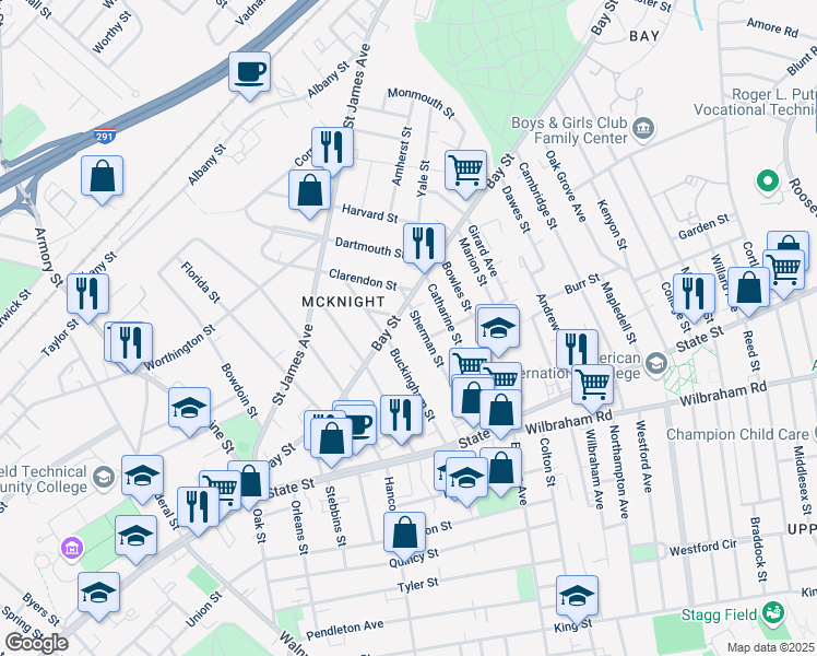 map of restaurants, bars, coffee shops, grocery stores, and more near 221 Bay Street in Springfield