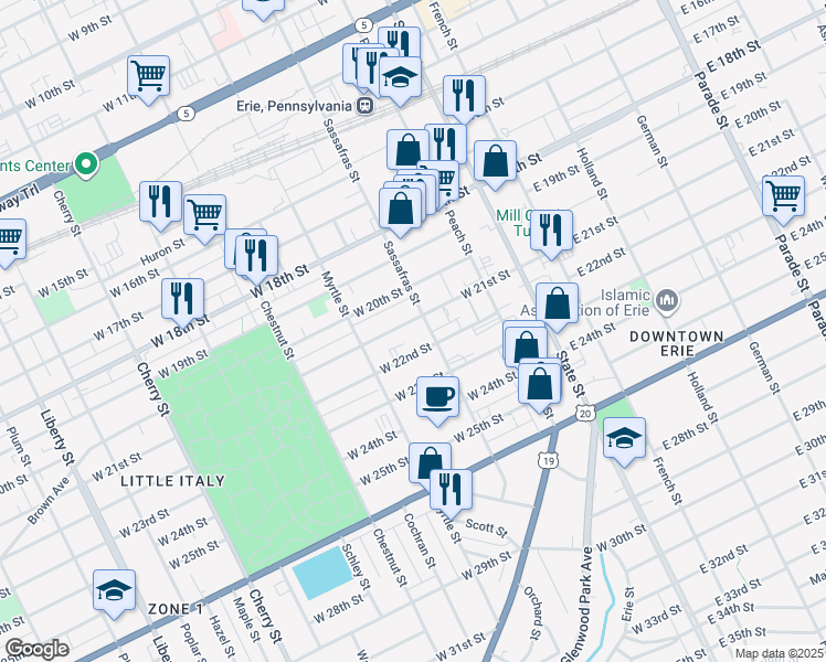 map of restaurants, bars, coffee shops, grocery stores, and more near 215 17 W 21 Street in Erie