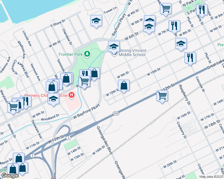map of restaurants, bars, coffee shops, grocery stores, and more near 1424 West 10th Street in Erie