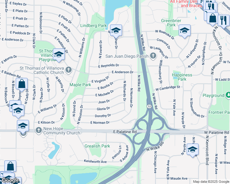 map of restaurants, bars, coffee shops, grocery stores, and more near 1448 Joan Drive in Palatine