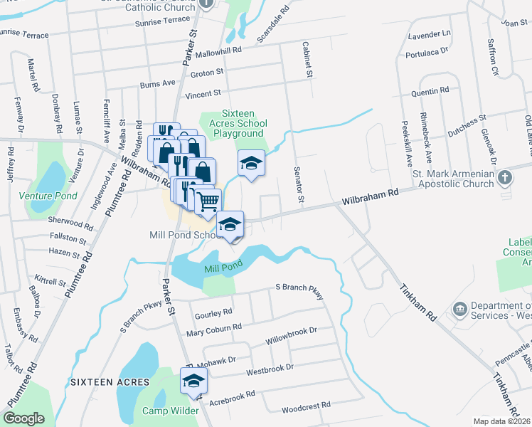 map of restaurants, bars, coffee shops, grocery stores, and more near 2040 Wilbraham Road in Springfield