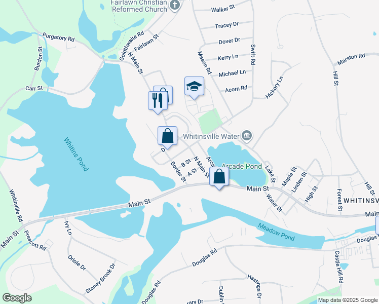 map of restaurants, bars, coffee shops, grocery stores, and more near 93 North Main Street in Northbridge