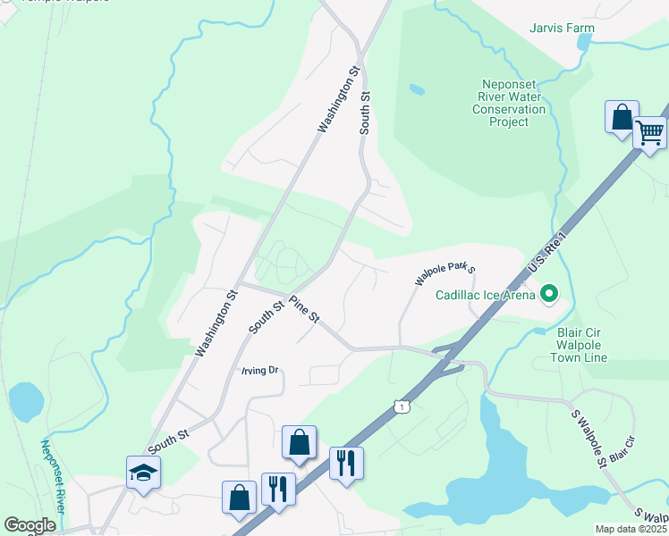 map of restaurants, bars, coffee shops, grocery stores, and more near 830 South Street in Walpole