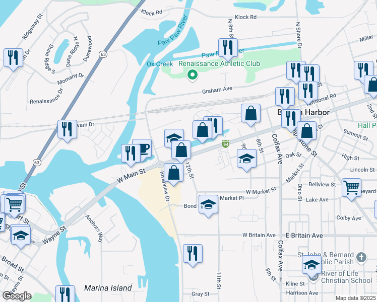 map of restaurants, bars, coffee shops, grocery stores, and more near 433 West Main Street in Benton Harbor