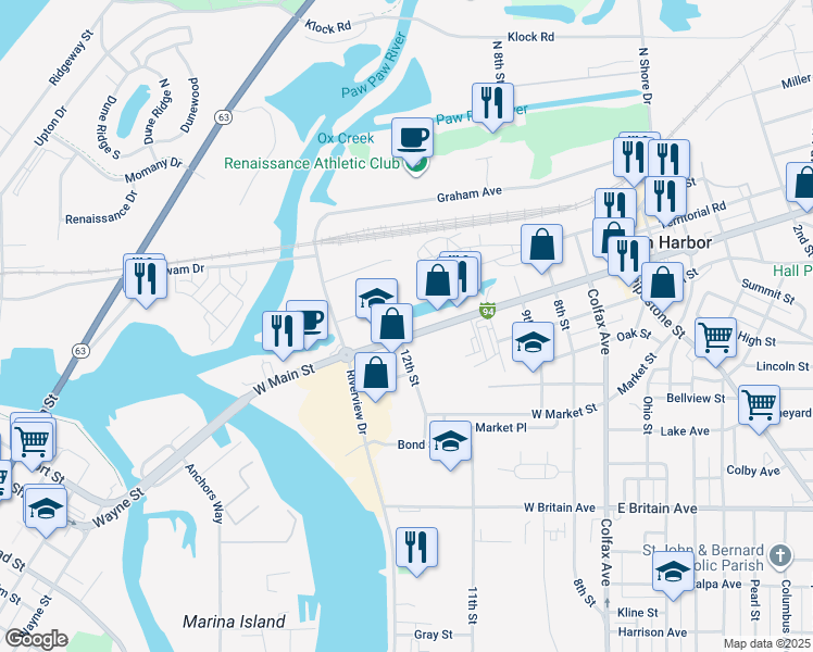map of restaurants, bars, coffee shops, grocery stores, and more near 433 West Main Street in Benton Harbor