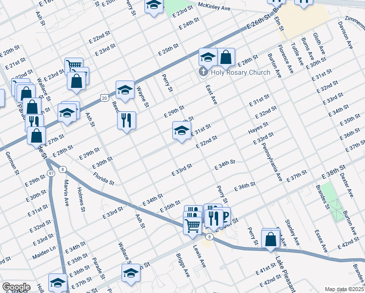 map of restaurants, bars, coffee shops, grocery stores, and more near 831 E 31st St in Erie