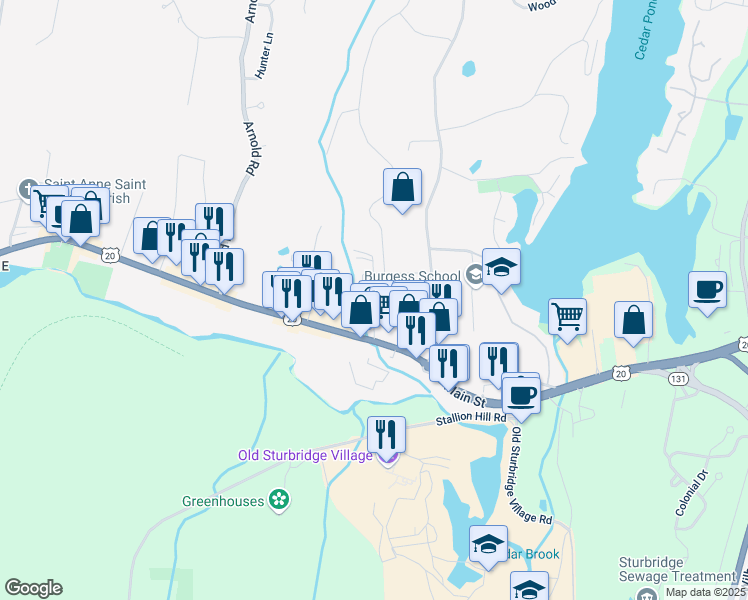 map of restaurants, bars, coffee shops, grocery stores, and more near 2 Auger Street in Sturbridge