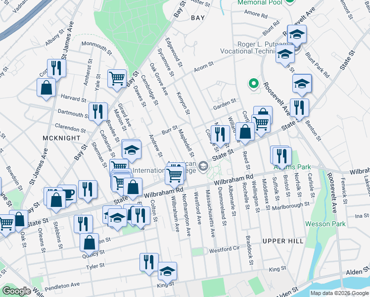 map of restaurants, bars, coffee shops, grocery stores, and more near 32 Mapledell Street in Springfield