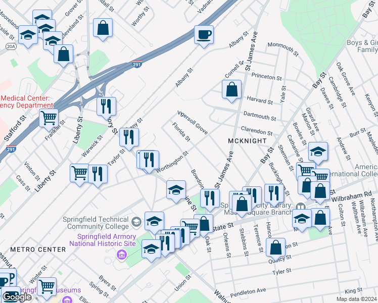 map of restaurants, bars, coffee shops, grocery stores, and more near 8 Bowdoin Street in Springfield