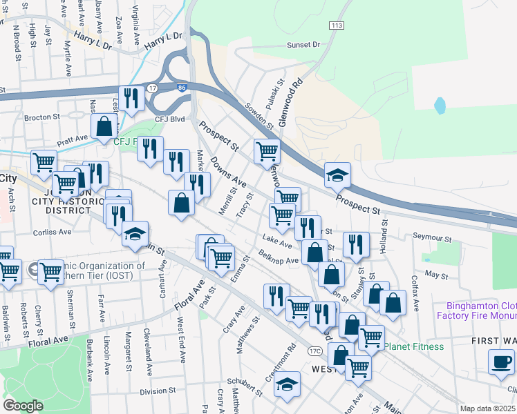 map of restaurants, bars, coffee shops, grocery stores, and more near 25 Miles Street in Binghamton
