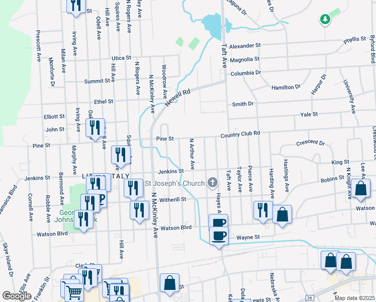 map of restaurants, bars, coffee shops, grocery stores, and more near 314 North Adams Avenue in Endicott