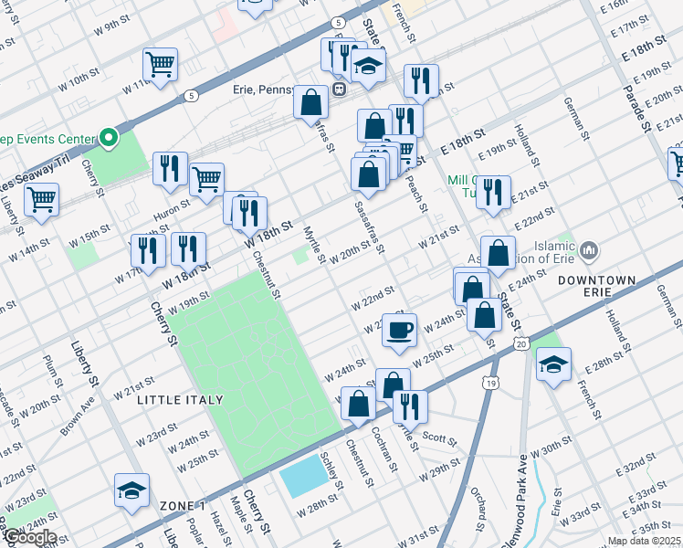 map of restaurants, bars, coffee shops, grocery stores, and more near 258 West 21st Street in Erie