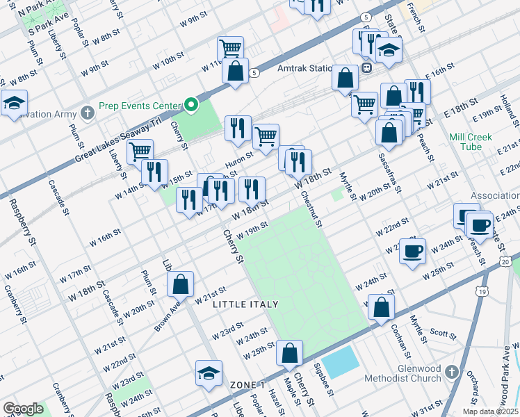 map of restaurants, bars, coffee shops, grocery stores, and more near 523 West 18th Street in Erie