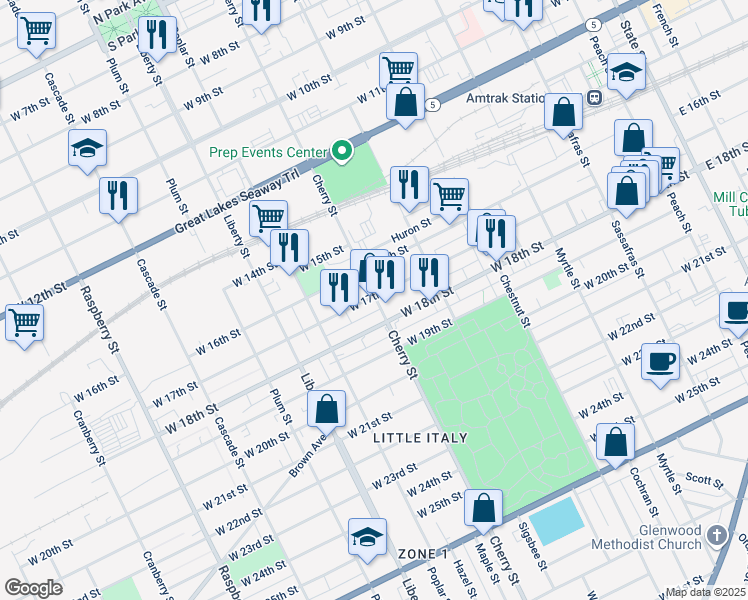 map of restaurants, bars, coffee shops, grocery stores, and more near in Erie