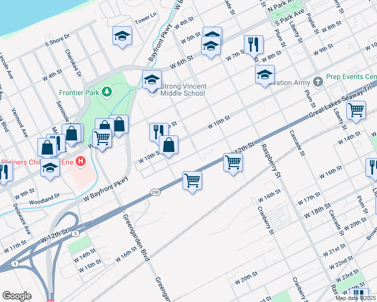 map of restaurants, bars, coffee shops, grocery stores, and more near 1301-1345 West 11th Street in Erie