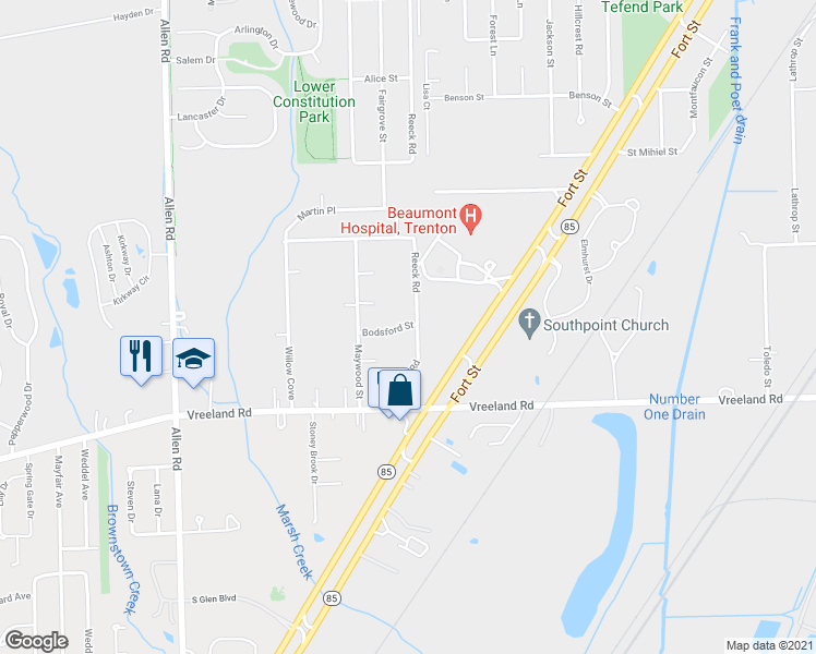 map of restaurants, bars, coffee shops, grocery stores, and more near 26681 Reeck Road in Woodhaven