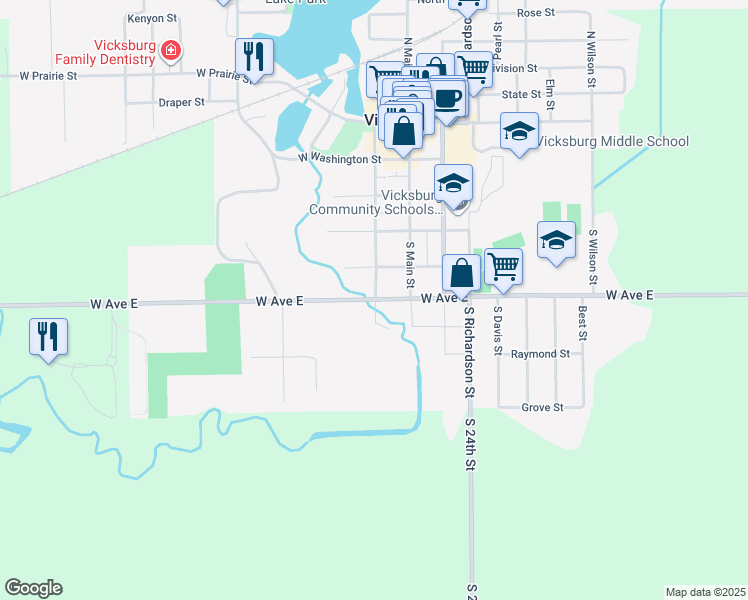 map of restaurants, bars, coffee shops, grocery stores, and more near 201 West Highway Street in Vicksburg