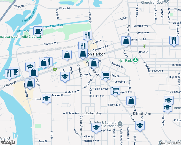 map of restaurants, bars, coffee shops, grocery stores, and more near 196 Pipestone Street in Benton Harbor