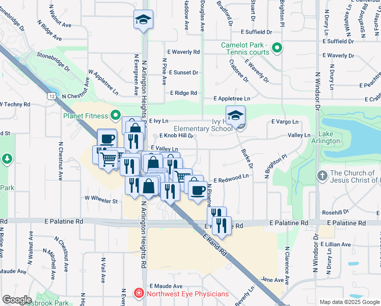 map of restaurants, bars, coffee shops, grocery stores, and more near 424 East Circle Hill Drive in Arlington Heights